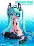 ahoge character_name hair_between_eyes hatsune_miku headphones long_hair navel shisui shoes sitting solo thighhighs twintails underwear very_long_hair vocaloid 