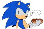  1boy animal_ears animal_nose blue_fur chili_dog commentary english_commentary english_text fishsoof food furry furry_male gloves green_eyes hedgehog_boy highres holding holding_food hot_dog male_focus solo sonic_(series) sonic_the_hedgehog speech_bubble thought_bubble white_gloves 