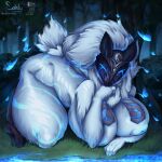 1:1 absurd_res anthro arthropod big_breasts black_hooves black_mask blue_eyes bovid breasts breasts_on_ground butterfly caprine curvy_figure darkness digital_media_(artwork) female floppy_ears fluffy fluffy_hair fluffy_tail forest forest_background fur fur_markings glowing glowing_eyes glowing_water grass grey_ears hair hand_on_chin hi_res hooves huge_breasts insect inverted_nipples kindred_(lol) kneeling lamb_(lol) league_of_legends lepidopteran long_hair lying mammal markings mask mask_only nature nature_background nipples nude on_front plant riot_games sainty shadow sheep shrub signature solo tail tencent thick_thighs tree voluptuous voluptuous_female water white_body white_fur