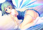  ass bare_legs blue_eyes blush bow butt_crack cirno dutch_angle hair_between_eyes hair_bow hirokoza panties panty_pull partially_submerged short_hair socks solo touhou underwear water white_legwear 