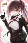  1girl absurdres black_gloves braid breasts brown_corset brown_hair character_name collared_shirt commentary corset girls&#039;_frontline girls&#039;_frontline_2:_exilium gloves hair_ribbon half_up_braid high_ponytail highres large_breasts looking_at_viewer makiatto_(girls&#039;_frontline_2) necktie open_mouth ponytail red_eyes red_necktie red_ribbon renoahh ribbon shirt solo thumbs_up wa2000_(girls&#039;_frontline) white_shirt 