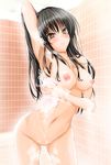  arm_up bad_id bad_pixiv_id black_hair blush breasts highres kasumi_seiki kotegawa_yui long_hair medium_breasts nude showering solo to_love-ru yellow_eyes 