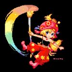  artist_name baggy_pants black_background black_shirt blonde_hair blush boots chibi dynamic_pose final_fantasy final_fantasy_vi hat hiroita holding holding_paintbrush light_smile looking_at_viewer lowres paintbrush pants pixel_art puffy_pants red_boots red_hat red_pants red_turban relm_arrowny sash shirt short_hair strapless tube_top turban waist_sash 