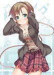  belt blush brown_hair cardigan clothes_writing green_eyes headphones idolmaster idolmaster_cinderella_girls jewelry necklace plaid plaid_skirt skirt smile solo tada_riina takasaka_donten 