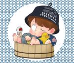  baby barefoot basket biting_another&#039;s_leg black_hat brown_hair bucket_hat child floral_print floral_print_kimono gegege_no_kitarou hat holding holding_sack holding_towel holding_toy iworihase japanese_clothes jinbei_(clothes) kimono kitarou kitarou_tanjou:_gegege_no_nazo medama_oyaji one_eye_closed one_eye_covered onsen parted_bangs patterned_background print_kimono puffy_cheeks sack towel towel_around_neck toy twitter_username watermark 