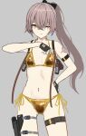  1girl 404_logo_(girls&#039;_frontline) absurdres alternate_costume alternate_hairstyle arm_tattoo armband ass_visible_through_thighs bikini black_bow black_gloves bow breasts brown_hair collarbone commentary_request cowboy_shot crossed_bangs double-parted_bangs fingerless_gloves girls&#039;_frontline gloves gold_bikini grey_background gun hair_between_eyes hair_bow halterneck handgun highres holster koenza_botoke long_hair looking_at_viewer navel one_eye_closed ponytail scar scar_across_eye scar_on_face shoulder_holster side-tie_bikini_bottom sidelocks simple_background sketch small_breasts solo standing stomach string_bikini swimsuit tattoo thigh_holster thigh_strap ump45_(girls&#039;_frontline) weapon yellow_eyes 