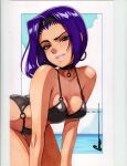  1girl bikini breasts choker cleavage cowboy_bebop faye_valentine green_eyes hairband midriff omar_dogan pink_lips purple_hair short_hair smile solo swimsuit 