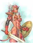  abs amazon armor bikini_armor blue_eyes dragon_quest dragon_quest_iii dragon_quest_x dynamite-kit elbow_gloves gloves helmet horns long_hair midriff muscle muscular_female ogre_(dq10) red_armor red_skin shield silver_hair soldier_(dq3) spikes sword tail thigh_strap warrior weapon winged_helmet 