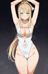  1girl armpits arms_up atelier_(series) atelier_ryza bare_shoulders blonde_hair blush breasts cameltoe cleavage commission fuooooo green_eyes highleg highleg_one-piece_swimsuit highres klaudia_valentz large_breasts long_hair looking_at_viewer navel one-piece_swimsuit pixiv_commission ponytail sidelocks solo sweat swimsuit thighs white_one-piece_swimsuit 