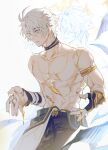  1boy abs absurdres antenna_hair arm_cuffs armor bare_pectorals belt_collar biceps black_choker black_gloves black_pants blood blood_on_hands blue_eyes chest_tattoo choker collar covered_eyes dark_persona double_halo fingerless_gloves ggtnnk gloves gold_armor gold_blood gold_halo hair_between_eyes hair_over_eyes halo highres honkai:_star_rail honkai_(series) injury leaning_forward looking_at_hand looking_down male_focus neck_tattoo no_eyes pants parted_lips partially_undressed pectorals phainon_(honkai:_star_rail) raised_eyebrows reach-around reaching short_hair smirk solo solo_focus spiked_hair spiked_halo sun_symbol surprised tattoo torso upper_body white_hair wide-eyed yellow_blood yellow_pupils 