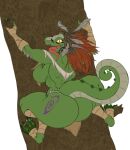 absurd_res anthro argonian bethesda_game_studios big_breasts big_butt bottomwear breasts butt climbing_tree clothing digital_media_(artwork) female hi_res huge_breasts huge_butt lifts-her-tail loincloth long_tongue looking_at_viewer looking_back looking_back_at_viewer microsoft mikeblade plant raised_tail rear_view scalie skyrim solo tail tattoo the_elder_scrolls the_lusty_argonian_maid tongue tongue_out tree tribal tribal_tattoo xbox_game_studios