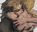  2boys commentary_request curtained_hair dio_brando father_and_son giorno_giovanna hand_on_another&#039;s_shoulder highres hug incest jewangchobab jojo_no_kimyou_na_bouken long_hair looking_at_another low-braided_long_hair low-tied_long_hair male_focus multiple_boys painterly parent_and_child parted_bangs red_eyes sketch star_(symbol) topless_male white_background yaoi 