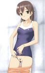  against_wall bare_shoulders blush bracelet breasts brown_eyes brown_hair collarbone fat_mons hair_ornament hairclip highres jewelry kyouno_madoka looking_at_viewer one-piece_swimsuit pants pants_pull parted_lips pubic_hair pussy rinne_no_lagrange small_breasts solo sweatdrop swimsuit swimsuit_aside takafumi track_pants uncensored 