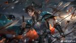  1boy aqua_headband aqua_ribbon arm_ribbon armor arrow_(projectile) battle belt belt_buckle black_belt blood blood_on_clothes blood_on_face blood_on_weapon blue_cape blue_eyes blurry blurry_background bracer breastplate brown_hair buckle cape character_request chinese_armor chinese_clothes chinese_commentary clenched_hand closed_mouth cloud cloudy_sky commentary_request cowboy_shot expressionless flag floating_cape floating_hair hair_ornament hair_ribbon hanfu highres holding holding_sword holding_weapon impaled injury lips long_hair long_sleeves looking_ahead male_focus nostrils orange_cape outdoors ponytail puffy_long_sleeves puffy_sleeves ribbon sky smoke snowing solo studded_belt sun sunset sword thick_eyebrows torn_cape torn_clothes two-sided_cape two-sided_fabric war watermark weapon weibo_watermark white_hanfu wind wolf yao_guang_lu ye_dian_pikaqiu 