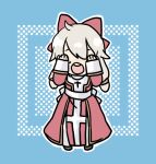  1girl :o back_bow blue_background bow chibi chibi_only commentary_request covering_own_eyes cross cross_necklace dress full_body grey_hair hair_bow high_priest_(ragnarok_online) jewelry long_hair long_sleeves necklace open_mouth pelvic_curtain porinu ragnarok_online red_bow red_dress round_teeth sash solo teeth two-tone_dress upper_teeth_only white_dress white_sash 