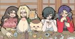  1boy 4girls alcohol azumanga_daioh beer breasts chainsaw_man chiikawa cigarette cleavage crossover eyepatch facial_mark food forehead_mark girl_sandwich highres himeno_(chainsaw_man) huge_breasts jacket katsuragi_misato kuri_manjuu_(chiikawa) multiple_crossover multiple_girls naruto_(series) neon_genesis_evangelion pantsu-ripper sandwiched sweater table tanizaki_yukari tank_top trait_connection tsunade_(naruto) turtleneck turtleneck_sweater 