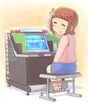  1girl amami_haruka arcade_cabinet bangs blue_skirt blush bow brown_hair commentary_request ears_visible_through_hair embarrassed eyes_closed facing_viewer from_behind hair_bow hand_on_lap idolmaster idolmaster_(classic) jacket looking_back pink_jacket playing_games sandals scratching_head sitting skirt solo stool tsubobot yellow_background 