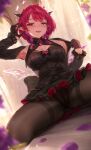 1girl :d armpits bed_sheet black_bow black_pantyhose black_shirt black_skirt blue_eyes blurry blurry_foreground bob_cut bow breasts cameltoe chest_bow cleavage_cutout clothes_grab clothing_cutout commentary_request crystal_wings curtains depth_of_field detached_sleeves double_halo earrings english_commentary fangs flower flower_earrings halo heterochromia highres hololive hololive_english indoors irys_(hololive) jewelry large_breasts looking_at_viewer medium_hair miniskirt mismatched_earrings mixed-language_commentary open_mouth padoruu paid_reward_available pantyhose pink_eyes pointy_ears purple_flower red_hair shirt short_hair sitting skirt smile solo spread_legs star-shaped_pupils star_(symbol) star_halo symbol-shaped_pupils teeth upper_teeth_only virtual_youtuber 