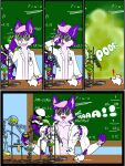 4_panel_comic absurd_res alchemist anthro body_size_growth chalkboard clothing coat comic detailed_background drinking_potion exclamation_point eyewear felid feline goggles green_smoke grin growth hair hi_res inner_ear_fluff lab_coat laboratory laboratory_equipment lynx magic male mammal math morzu_zary muscle_growth muscular muscular_male onomatopoeia open_mouth pink_body pink_hair potion purple_body purple_ears purple_nose scientific_instrument size_transformation smile smoke solo sound_effects tail teeth_showing text topwear torn_clothing transformation tuft