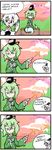  4koma arrow bench cherry_blossoms comic commentary dress finnish gameplay_mechanics ghost_tail green_dress green_eyes green_hair hat mononobe_no_futo multiple_girls reading setz side_ponytail silver_hair sitting soga_no_tojiko tate_eboshi touhou translated 