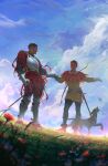  2boys animal armor beard_stubble belt black_pants blonde_hair boots breastplate brown_hair bug butterfly chainmail closed_eyes cloud cloudy_sky commentary cumulonimbus_cloud dog english_commentary epseelutely facial_hair field flower flower_field gauntlets gloves grass greaves hans_capon henry_of_skalitz highres holding_hands kingdom_come:_deliverance_ii male_focus multiple_boys outdoors outstretched_arm pants red_flower short_hair sky smile stubble sword teeth tunic weapon white_flower white_gloves yellow_tunic 