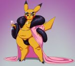anthro belly big_booty_pikachu brown_eyes bulge clothing crovirus exposed_belly eyewear eyewear_on_head femboy footwear fur_trim_(clothing) generation_1_pokemon gold_(metal) gold_jewelry gold_necklace gradient_background hand_on_hip hi_res high_heels holding_glass holding_object jewelry male navel necklace nintendo panties pikachu pokemon pokemon_(species) pouting robe shoes short_stack simple_background solo sunglasses sunglasses_on_head thick_thighs underwear