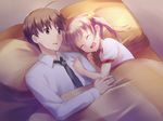  1boy 1girl bed blanket cuddling dreaming game_cg gym_uniform hair_bobbles hair_ornament ibarazaki_emi katawa_shoujo lying nakai_hisao open_mouth pillow sleeping tears twintails 