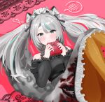  absurdres animal_ears black_sky braided_sidelocks cake cheek_rest cross-laced_clothes cross-laced_sleeves food frilled_straps fuzzy_clothes grey_nails grey_tail highres hinamori_anthea holding holding_saucer indie leopard_ears leopard_tail maid nata_(tool) red_pupils request saucer sky snow_leopard_tail strawberry_shortcake tadanoinu_zuki tail teapot virtual wallpaper_(object) youtuber 