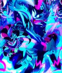  2boys ama0805 asmodeus_(helluva_boss) blue_theme boots demon_boy evil_grin evil_smile fizzarolli_(helluva_boss) glowing glowing_eyes glowing_mouth grin helluva_boss high_heel_boots high_heels highres jester looking_at_viewer multiple_boys multiple_heads sharp_teeth smile suit teeth 