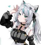  animal_ears black_sky braided_sidelocks cake cheek_rest copyright_request cross-laced_clothes cross-laced_sleeves dessert food frilled_straps fuzzy_clothes grey_nails grey_tail highres hinamori_anthea holding holding_saucer indie indie_virtual_youtuber leopard_ears leopard_tail maid nata_(tool) non-web_source red_pupils saucer sky snow_leopard_tail strawberry_shortcake tail teapot virtual wallpaper_(object) youtuber 