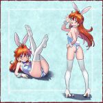  1girl :d absurdres animal_ears ass bare_arms black_border blue_background blue_bow blue_bowtie blue_leotard border bow bowtie breasts brown_hair cameltoe closed_mouth detached_collar earrings elementary_(lolipope) fake_animal_ears fake_tail floating_hair full_body hand_on_own_hip highres jewelry legs_up leotard lina_inverse long_hair looking_at_viewer looking_back lying nipple_slip nipples on_back playboy_bunny rabbit_ears rabbit_tail red_eyes skindentation slayers small_breasts smile standing strapless strapless_leotard tail thighhighs very_long_hair waving white_thighhighs white_wrist_cuffs wrist_cuffs 