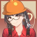  1girl acrylicstroke braid brown_eyes brown_hair closed_mouth collared_shirt commission commissioner_upload cosplay earrings engineer engineer_(tf2) engineer_(tf2)_(cosplay) entropy_(honkai_impact) female_dreamseeker_(honkai_impact) glasses helmet highres honkai_(series) honkai_impact_3rd jewelry long_hair looking_at_viewer non-web_source red_engineer_(tf2) red_shirt semi-rimless_eyewear shirt smile solo team_fortress_2 upper_body 