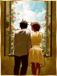  1girl black_hair brown_hair chiaki_shin'ichi cloud couple day dress flower from_behind hetero matsurica noda_megumi nodame_cantabile short_hair sky window 