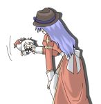  2girls azumanga_daioh back_bow biting biting_another&#039;s_hand blue_hair bow brown_hat commentary_request dress fedora feet_out_of_frame hat high_priest_(ragnarok_online) juliet_sleeves long_hair long_sleeves looking_at_another mini_person minigirl multiple_girls o_o open_mouth parody porinu puffy_sleeves ragnarok_online red_dress sash sharp_teeth simple_background soramimi_cake teeth thighhighs white_background white_bow white_hair white_sash white_thighhighs 