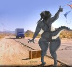 alligator alligatorid anthro black_hair bottomwear breasts captions clothing crocodilian dullvivid ellie_(dullvivid) english_text female french_text grey_body grey_scales hair hi_res hitchhiking hotpants open_mouth open_smile reptile scales scalie scuted_tail shorts side_boob smile solo text throwing_bra translation_request