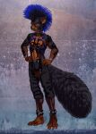 anthro arm_tattoo belt belt_buckle black_body black_fur black_hair blue_hair brown_body brown_fur buckle chaps chest_tattoo cigarette clothing collar ear_piercing ear_ring facial_piercing forehead_piercing fur hair harness hi_res jace_stewart jockstrap leg_cuffs male mammal mohawk navel navel_piercing nipple_piercing nipple_ring nipples nose_piercing nose_ring piercing ring_piercing rodent sabretoothed_ermine sciurid smoking solo studded_collar studs tail tattoo tree_squirrel underwear wristband