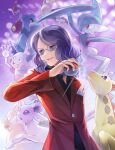  1boy :d akr_(tvfz2233) alakazam black_shirt bronzong buttons commentary_request espeon gallade girafarig hand_up highres holding holding_poke_ball jacket long_hair long_sleeves looking_to_the_side lucian_(pokemon) male_focus medicham mr._mime open_mouth poke_ball poke_ball_(basic) pokemon pokemon_(creature) pokemon_dppt red_jacket shirt slowbro smile sunglasses wavy_hair 
