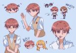  1boy 4girls ? absurdres anger_vein black_hair blonde_hair blowing_kiss blush brown_eyes brown_hair brown_sweater_vest bruise bruise_on_face collared_shirt commentary embarrassed genderswap genderswap_(ftm) grey_shorts grey_skirt highres injury mikan_cavendish misaka_mikoto multiple_girls multiple_views saten_ruiko school_emblem school_uniform shirai_kuroko shirt shokuhou_misaki short_hair short_sleeves short_twintails shorts simple_background skirt summer_uniform sweater_vest symbol-only_commentary toaru_kagaku_no_railgun toaru_majutsu_no_index tokiwadai_school_uniform twintails twitter_username uiharu_kazari v-neck white_shirt 