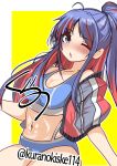  1girl bikini blue_bikini blue_eyes blue_hair colored_inner_hair commentary_request highres jacket kantai_collection kurano_kisuke multicolored_hair multicolored_jacket navel one-hour_drawing_challenge one_eye_closed open_clothes open_jacket red_hair signature solo south_dakota_(kancolle) south_dakota_(swimsuit)_(kancolle) sports_bikini streaked_hair swimsuit twitter_username yellow_background 