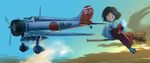  a5m aircraft airplane bamboo_broom broom broom_riding cloud copyright_request flying imperial_japanese_navy inui_(jt1116) japanese_clothes japanese_flag miko military short_hair sidesaddle smile solo sword tabi weapon world_war_ii 