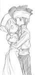  1girl blush couple endou_mamoru graphite_(medium) greyscale hetero hug husband_and_wife inazuma_eleven inazuma_eleven_(series) inazuma_eleven_go kudou_fuyuka long_hair maetaku monochrome nurse short_hair traditional_media 