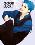  bad_id bad_pixiv_id blue_hair cigarette earrings face fate/hollow_ataraxia fate/stay_night fate_(series) jewelry lancer long_hair male_focus necktie ponytail red_eyes smoking solo sukumaraku vest waistcoat 