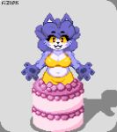 2023 4_fingers anthro blue_body blue_ears blue_fur blue_hair blue_pawpads bottomwear breasts cake canid canine cleavage clothed clothed_anthro clothed_female clothing dessert digital_media_(artwork) eyebrows female female_anthro fingers fizlok food fox front_view fur hair mammal midriff navel pawpads pixel_(artwork) pop_out_cake portrait roxanne_oxley shadow simple_background smile solo topwear yellow_bottomwear yellow_clothing yellow_sclera yellow_topwear