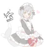  1girl ahoge alternate_costume apron black_bow black_dress bow box chame_(myyo04) cowboy_shot dated dress fang fins fish_hair_ornament fish_tail frilled_apron frilled_dress frills green_eyes grey_hair hair_bow hair_ornament head_tilt heart heart-shaped_box kantai_collection looking_at_viewer maestrale_(kancolle) maid_headdress open_mouth own_hands_together shark_tail short_hair signature simple_background smile solo tail v_arms valentine white_apron white_background 