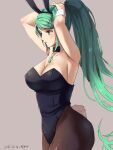  1girl alternate_costume animal_ear_hairband animal_ears bare_shoulders black_bow black_bowtie black_hairband black_leotard bow bowtie breasts brown_background brown_pantyhose chest_jewel cleavage commentary_request core_crystal_(xenoblade) cowboy_shot dated detached_collar fake_animal_ears fake_tail green_eyes green_hair hairband highres large_breasts leotard long_hair pantyhose playboy_bunny pneuma_(xenoblade) ponytail rabbit_ear_hairband rabbit_ears rabbit_tail simple_background solo strapless strapless_leotard swept_bangs tail tying_hair very_long_hair white_wrist_cuffs wrist_cuffs xenoblade_chronicles_(series) xenoblade_chronicles_2 yamamori_kinako 