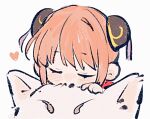  1girl animal bun_cover chibi chibi_only chinese_commentary closed_eyes commentary_request dog double_bun gintama hair_bun hand_on_another&#039;s_head head_on_head head_rest heart kagura_(gintama) linbeiyx orange_hair out_of_frame oversized_animal sadaharu simple_background u_u white_background white_dog 