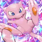 2025 3_fingers 3_toes abstract_background absurd_res ambiguous_anthro ambiguous_gender anthro big_feet biped blue_eyes feet fingers floating generation_1_pokemon hi_res legendary_pokemon magic mew_(pokemon) nintendo orange_pawpads pawpads pink_body pink_ears pink_tail pointy_ears pokemon pokemon_(species) prick_ears psychedelic_background semi-anthro solo sparkles spicyichizo tail toes