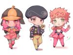  1girl 2boys afro belt black_hair black_helmet black_shirt black_sleeves burger capelet chibi chibi_only commentary commentary_request dress earrings eating food giorno_giovanna grey_pants grey_sleeves helmet high_collar highres holding holding_burger holding_food hot_pants_(sbr) jewelry jojo_no_kimyou_na_bouken jojolion ladybug_ornament leg_warmers looking_at_viewer multiple_boys orange_eyes orange_hair pants pink_capelet pink_dress pink_eyes pink_hair pink_leg_warmers pink_pants purple_sleeves rairack777 reverse_trap shirt steel_ball_run stud_earrings stuffed_animal stuffed_toy teddy_bear time_paradox tooru_(jojolion) two-tone_sleeves undercut vento_aureo wing_ornament yellow_pants 