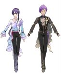  2boys alternate_costume alternate_hairstyle armpit_crease belt black_choker black_gloves black_pants black_shirt black_shoes blue_shirt braid choker cleavage_cutout closed_mouth clothing_cutout collarbone dark-skinned_male dark_skin double-parted_bangs earrings ensemble_stars! fingerless_gloves frilled_shirt frilled_shirt_collar frilled_sleeves frills full_body gloves gold_trim gradient_clothes gradient_shirt hair_between_eyes hair_intakes high-waist_pants jewelry kanzaki_souma light_particles long_hair long_sleeves looking_at_viewer male_focus multiple_boys nancy980216 neck_ribbon necklace otogari_adonis outstretched_arm pants parted_bangs ponytail purple_eyes purple_hair purple_shirt red_belt ribbon scarf_belt see-through_clothes see-through_sleeves shirt shoes side_braid simple_background single_sidelock smile split_mouth standing v-neck very_long_hair white_background white_shirt wrap_top 