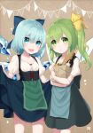  2girls :d alternate_costume apron bad_source bag baguette bell_pepper blue_apron blue_bow blue_skirt bodice bottle bow bread breasts brown_background cirno clothes_lift cowboy_shot daiyousei dirndl fairy_wings food fruit german_clothes green_apron green_eyes green_hair green_skirt hair_bow holding holding_bag ice ice_wings long_hair looking_at_viewer multiple_girls one_side_up open_mouth orange_(fruit) paper_bag puffy_short_sleeves puffy_sleeves shirt short_hair short_sleeves skirt skirt_hold skirt_lift small_breasts smile telushake_opnk touhou white_shirt wine_bottle wings yellow_bow 